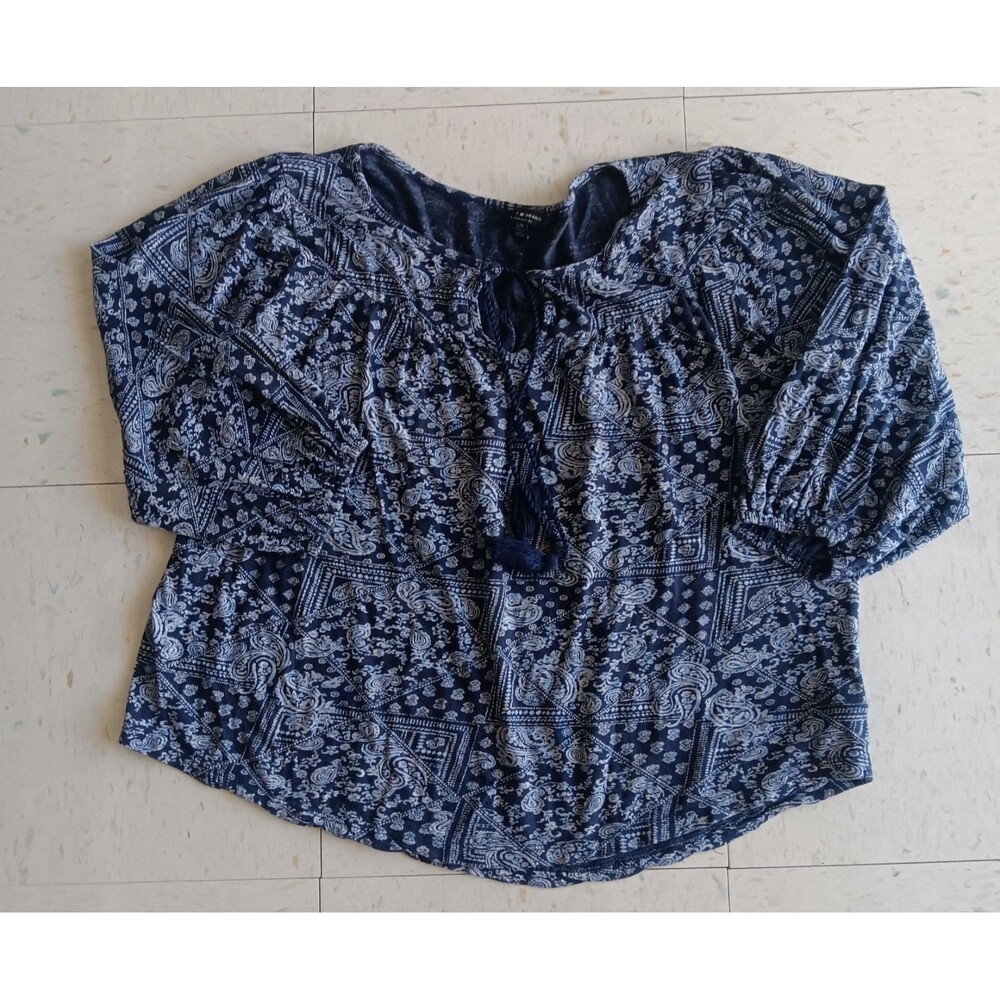 Lucky Brand Blouse Womens L Large Blue White Top Keyhole Floral Cotton Ladies